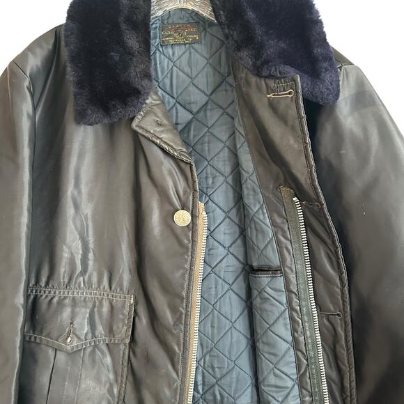 Vintage Black Twill Bomber Coat Mens Sz XL Nylon Faux Fur Collar Police Jacket - Picture 13 of 16